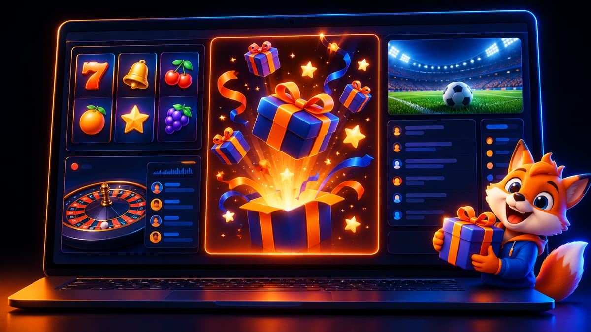 1Win promotions panel beside casino games and a sports bet slip