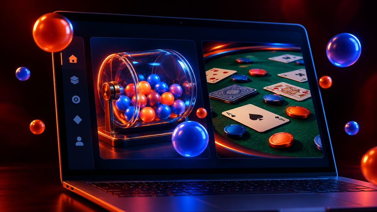 1Win lottery draws and poker tables in a dark casino lobby with a fixed sidebar menu