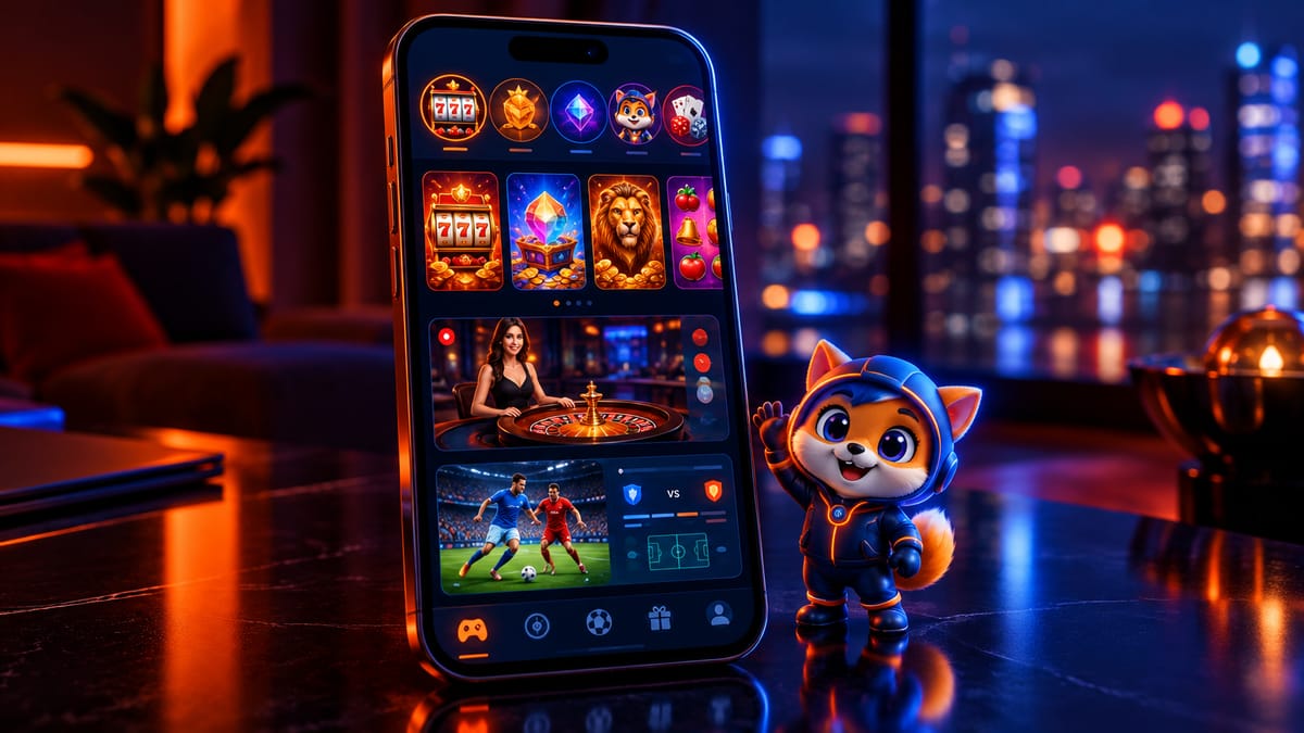 1Win app on a smartphone showing casino games and a sports bet slip